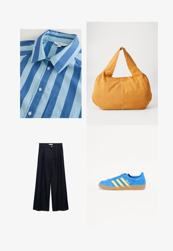 Plava i svijetloplava prugasta košulja s dugim rukavima, ovratnikom, šest dugmadi i džepom na prsima, napravljena od glatkog materijala.; Tamno plave široke traperice visokog struka, koje imaju prednje kopčanje na dugme, dva bočna džepa i detalje šivanja.; Plava nubuk tenisica s žutim prugama, gumenim potplatom i "Gazelle" oznakom. Zaobljen vrh i dizajn s vezanjem.; Velika torba za rame od mekog janjeće žutog nubuka. Ima zaobljen oblik s dva široka, izdužena ručka i šivanim detaljima.