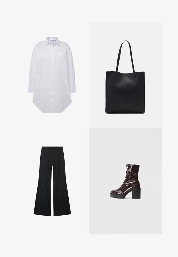 Camicia bianca con colletto, taschino singolo sul lato sinistro del petto, maniche lunghe con polsini a bottoni e orlo curvo. Realizzata in cotone.; Pantaloni neri a gamba larga con una texture liscia, caratterizzati da pieghe frontali e un design sartoriale. Il tessuto è leggero e fluido.; Stivale alla caviglia bordeaux lucido con un tacco spesso nero, caratterizzato da una superficie liscia e un design semplice. Nessuna chiusura visibile o motivo.; Borsa tote in pelle nera con texture liscia, forma rettangolare e due manici lunghi. Nessun hardware o decorazione visibile.