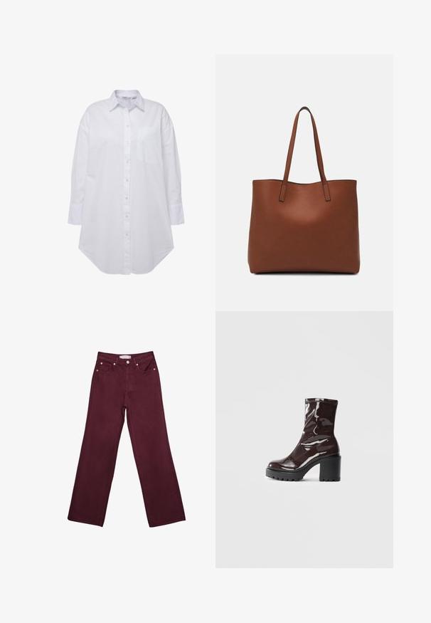 Witte button-up shirt met een kraag, een enkel vak aan de linkerkant van de borst, lange mouwen met knopenmanchetten en een gebogen zoom. Gemaakt van katoen.; Bordeaux hoge taille jeans met een rechte pijpdesign, voorzien van voorzakken, een knoopsluiting en accenten in koperkleurig beslag.; Glanzende bordeauxrode enkelboot met een chunky zwarte hak, met een gladde textuur en een eenvoudig ontwerp. Geen zichtbare sluitingen of patronen.; Bruine leren tote bag met een gladde textuur, een ontwerp met een open bovenkant en twee schouderbanden. Kenmerkt zich door minimale stiksels en geen zichtbare hardware.