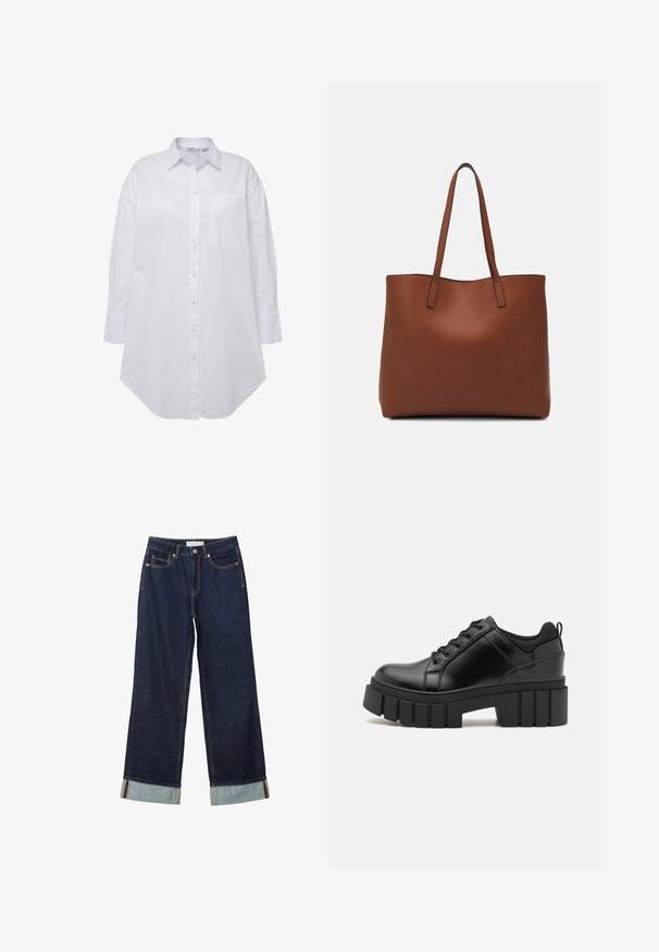 Valkoinen napitettava paita, jossa on kaulus, vasemmassa rinnassa yksi tasku, pitkät hihat nappikääntöillä ja kaareva helma. Valmistettu puuvillasta.; Tummansinisiä leveälahkeisia farkkuja, joissa on korkea vyötärö, käännetyt lahkeet, kontrastiväriset ompeleet ja viisi taskua. Valmistettu denim-kankaasta.; Mustat nahkakengät, joissa on lättihenkinen korko, pyöreä kärki ja perinteinen nauhakiinnitys. Ominaisuuksiin kuuluu sileä pintakuvio ja minimaalinen yksityiskohtaisuus.; Ruskea nahkainen olkalaukku, jossa on sileä pinta, avoin yläosa ja kaksi olkahihnaa. Omaavat vain minimaalisen ompelun eikä näkyvää metalliosaa.