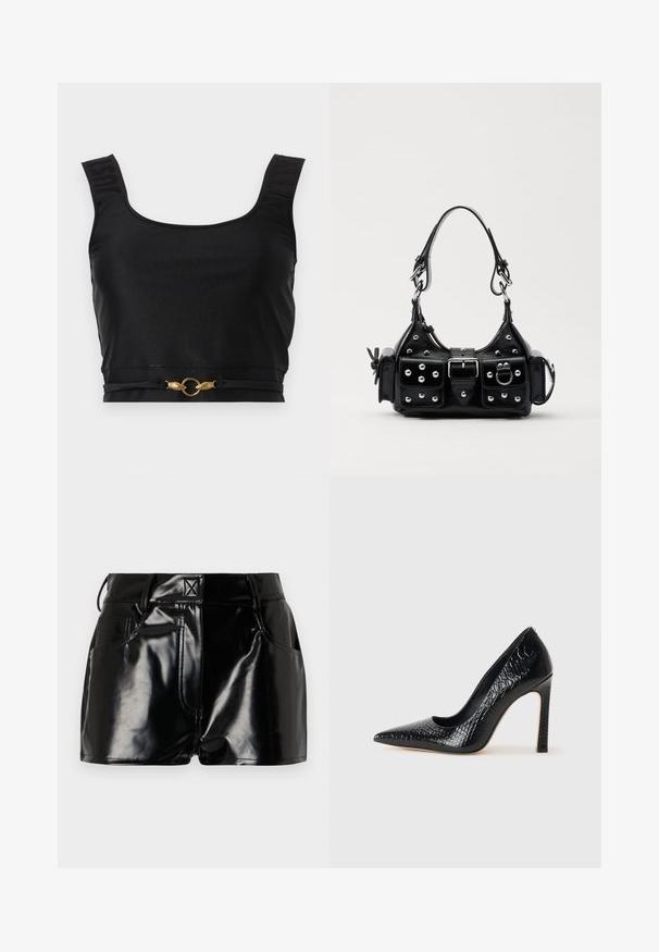 Black cropped top made from a smooth material, featuring wide straps, embossed text on straps, and a gold-tone circular accent at the waist.; Black, glossy shorts made of synthetic material. Features a fitted waist, belt loops, and front pockets with prominent stitching details.; Black pointed-toe high heel shoe with a crocodile-skin texture, featuring a sleek design, high stiletto heel, and smooth black interior.; Black leather handbag with a curved design, featuring silver studs, a buckle, and two side pockets. Adjustable strap for carrying options.