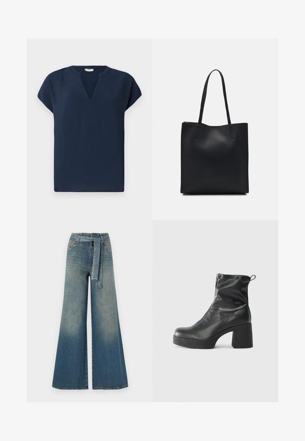 Haut à manches courtes bleu marine avec un décolleté en V, fabriqué à partir d'un tissu léger. Présente une coupe décontractée et une drape subtile.; Pantalons en denim à jambe large présentant un dégradé de bleu clair à bleu foncé, taille haute, passants de ceinture et une ceinture en tissu assortie. Finition en denim texturé.; Bottes noires à la cheville en cuir lisse, dotées d'une fermeture éclair sur le côté, d'un talon épais texturé et d'une conception à bout rond.; Sac fourre-tout en cuir noir avec une texture lisse, de forme rectangulaire et deux longues poignées. Pas de matériel ou d'ornementations visibles.