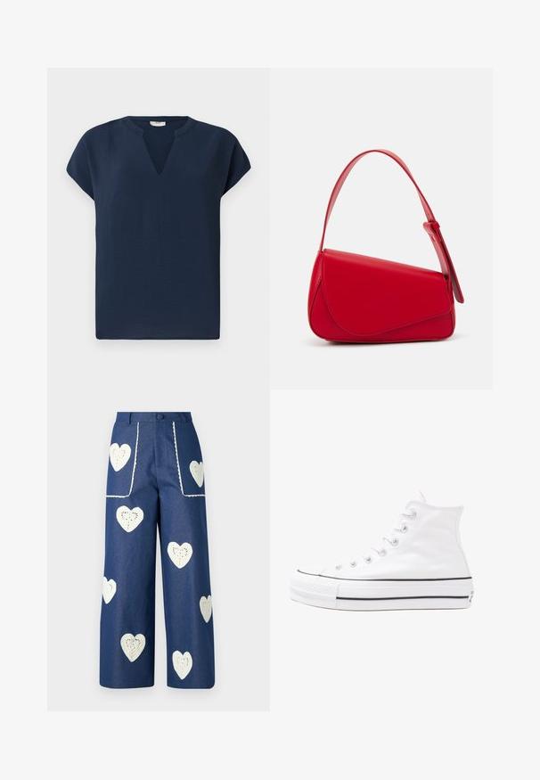 Navy blue short-sleeve top with a V-shaped neckline, made from a lightweight texture. Features a relaxed fit and subtle drape.; Sister Jane HEART TO HEART - Straight leg jeans - blue denim; White high-top canvas sneaker with black rubber sole, front rubber toe cap, and six eyelets for laces, featuring a clean, minimalist design.; Red leather handbag with an angular, geometric design. Features a single adjustable strap and a flap closure with stitched detailing.
