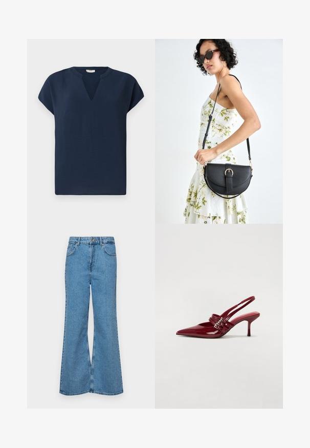 TUMŠI ZILA īsām piedurknēm blūze ar V-veida kakla izgriezumu, izgatavota no viegla materiāla. Izturīga piegriezuma un smalka drapējuma iezīmes.; Gaiši zili, platā piegriezuma džinsi, kas izgatavoti no denima, ar augstu jostasvietu, piecām kabatām un vienu pogu. Mīksta tekstūra ar nolietotu apdari.; Sarkana lakota ādas kurpju kurpes ar atvērtu papēdi, norādītu purngalu, divām sprādzēm un slaidu, vidēja augstuma stiletu papēdi. Gluda tekstūra.; Melnas ādas rokassoma ar izliekta formu, noņemamu siksnu un zelta aksesuāriem. Somai ir vāciņš ar sprādzes detaļu.