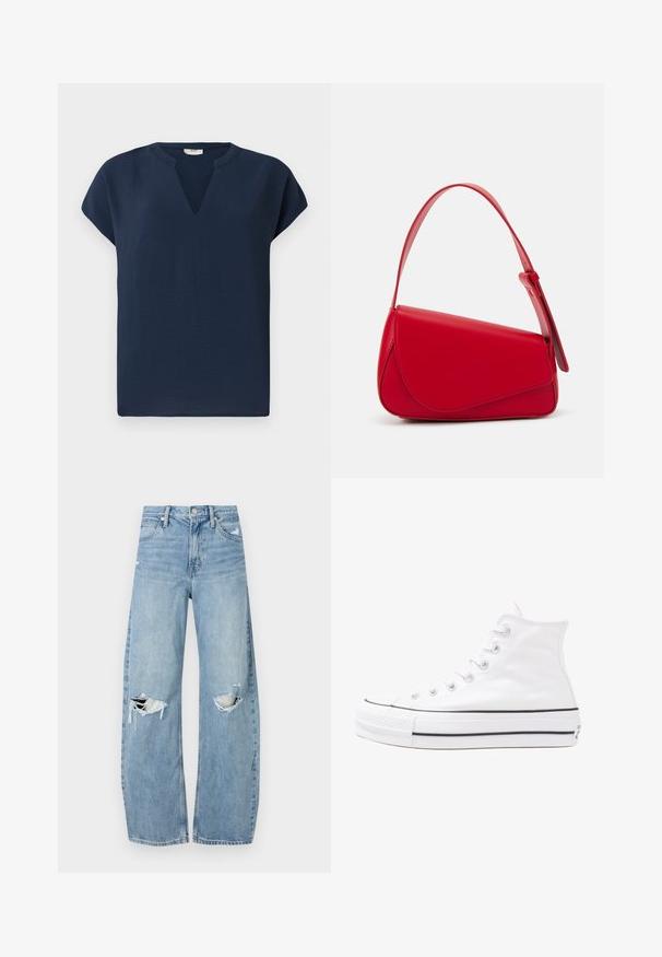 Mørkeblå kortermet topp med V-hals, laget av et lett materiale. Har en avslappet passform og subtil fall.; Lyseblå høytlivsjeans laget av denim. Har vide bein, to revne knær og klassisk fem-lommers design.; Hvit høy-skinn kanvas sneakers med svart gummisåle, gummitåhette foran og seks hull for snorer, med et rent, minimalistisk design.; Rød lærveske med en vinklet, geometrisk design. Har en enkelt justerbar stropp og en klaffelukking med sydd detaljer.
