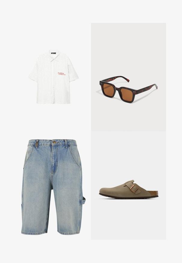 Fehér, rövid ujjú ing függőleges sötétkék csíkokkal, gombos elülső résszel és piros hímzett felirattal, ami azt mondja: "Hétfőtől péntekig 17 óráig."; Világoskék farmer rövidnadrág, klasszikus öt zsebes kialakítással, látható varrási részletekkel és egy oldalsó cargo zsebbel, amelyen egy hurok található.; Barna klumpák sima, matt felülettel. Az oldalon egy kiemelkedő bronz csat található. Parafa talpbetét és gumi talp a kényelem érdekében.; Tortoforgású napszemüveg vastag négyzet alakú kerettel, barna lencsékkel és diszkrét ezüst kiegészítőkkel a szárakon. Sima műanyag textúra.