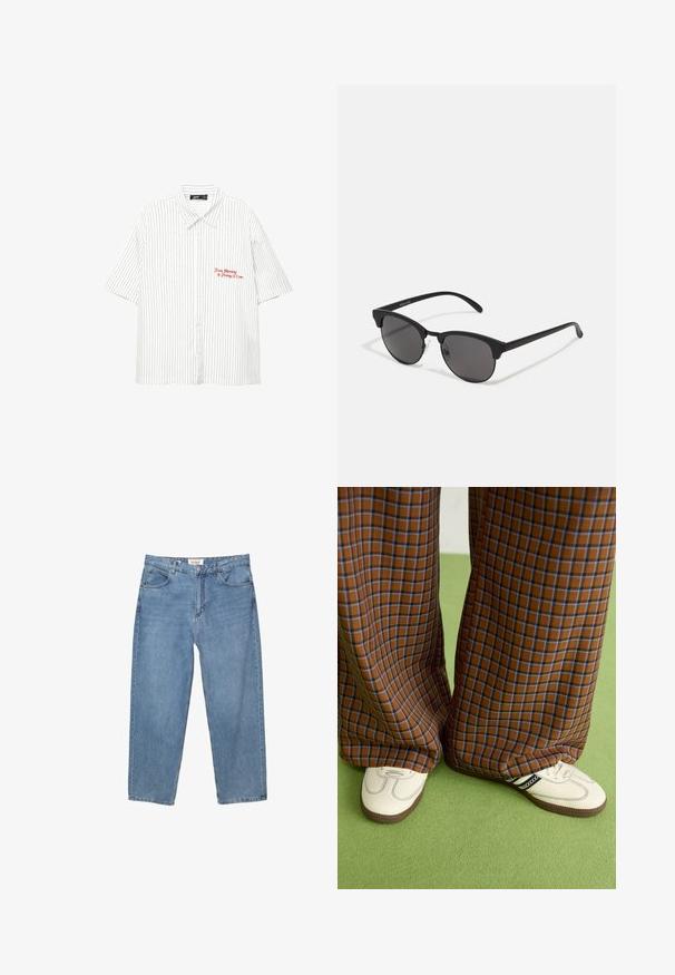 Bijela košulja kratkih rukava s vertikalnim tamnoplavim prugama, dugmad sprijeda, i crvenim vezom s natpisom "Od ponedjeljka do petka u 17 sati."; Svijetloplave traperice ravnog kroja, s pet džepova i vidljivom oznakom branda na pojasu.; Smeđe i plave karirane široke hlače uparene s bijelim cipelama s crnim akcentima i teksturiranim potplatom, na zelenoj pozadini.; Crne sunčane naočale s okruglim lećama, mat završetkom i specifičnim oblikom mačjih očiju. Tanke naramenice s diskretnim brendiranjem na lijevom hramu.; Set od pet narukvica sastavljenih od smeđeg kože, drvenih perli i srebrnog lanca; različite teksture i oblici, s prilagodljivim zatvaranjem.