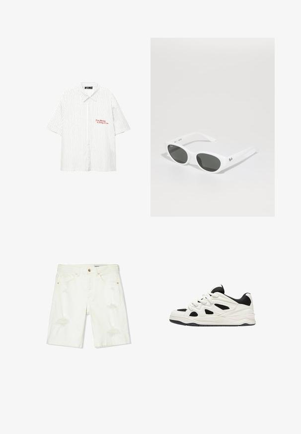 Witte kortemouwen shirt met verticale marineblauwe strepen, knoopsluiting aan de voorkant en rode geborduurde tekst met de tekst "Van maandag tot vrijdag 17.00 uur."; Witte denim shorts met een middenhoogte taille, verwerkte details, vijf zakken en koperen hardware. Gladde textuur met een casual pasvorm.; Witte en zwarte sportschoenen met een gestructureerde zool, voorzien van uitsnijdingen aan de zijkanten en veters, en een gevoerde achterkant voor ondersteuning.; Witte zonnebril met ronde montuur en donkere glazen. Heeft een gladde plastic structuur en een klein logo op de poot.