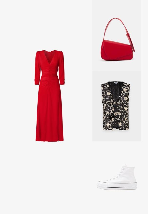 Fekete ujjatlan felső V-nyakkal, krémszínű virágmintával és megkötős előlappal. Texturált anyag bordázott megjelenéssel.; Piros ruha V kivágással, háromnegyedes ujjakkal és gyűrt részletekkel a derékrészen és a háton. Az anyag simának és könnyűnek tűnik.; Fehér magaskorsó vászon sportcipő fekete gumi talppal, elülső gumi orrnyereggel és hat fűzőlyukkal, letisztult, minimalista dizájnnal.; Piros bőr kézitáska szögletes, geometrikus kialakítással. Egy állítható pánttal és varrott részletekkel ellátott fedélzárral rendelkezik.