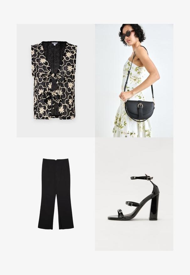 Crni top bez rukava s V-izrezom, ukrašen cvjetnim uzorkom u krem boji i vezanjem sprijeda. Tekstura tkanine s rebrastim izgledom.; Crne hlače ravnog kroja, s prednjim džepovima i bočnim prorezima na rubu. Izrađene od mekog i glatkog materijala. Pogodne za razne prigode.; Crne lakirane sandale na pete sa kvadratnim nosom, trakama oko gležnja i srebrnim kopčama. Imaju čvrst blok petu za stabilnost.; Crna kožna torba s lukovitim oblikom, odvojivim remenom i zlatnim detaljima. Torba ima preklop s kopčom.