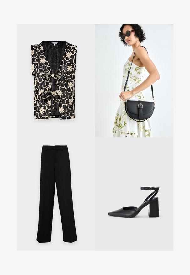 Top negru fără mâneci, cu decolteu în V, având un model floral în nuanțe de crem și un închidere frontală legată. Material texturat cu un aspect ribbed.; Pantaloni negri cu croi larg, dintr-un material neted, având un talie clasică cu închidere prin buton și plisuri frontale.; Pantofii cu toc ascuțit din piele neagră, cu breteaua pentru glezne și toc gros. Textură netedă, design elegant și estetică minimală.; Geantă din piele neagră, cu o formă curbată, curea detașabilă și accesorii aurii. Geanta are un capac cu un detaliu tip cataramă.
