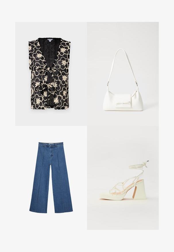Top sans manches noir avec un décolleté en V, orné d'un motif floral en crème et d'une fermeture à nouer sur le devant. Tissu texturé avec une apparence côtelée.; Jeans en denim à jambes larges de couleur bleu moyen, présentant une taille haute, une fermeture à bouton et des détails de couture verticaux contrastants à l'avant.; Sandale blanche à talons hauts avec un talon épais, présentant un design à lanières et un lien autour de la cheville. Texture lisse avec une plateforme à l'avant pour une hauteur supplémentaire.; Sac à main synthétique blanc en forme triangulaire, avec un rabat avant plat et un détail en nœud, une bandoulière ajustable, une texture lisse et un design minimaliste.