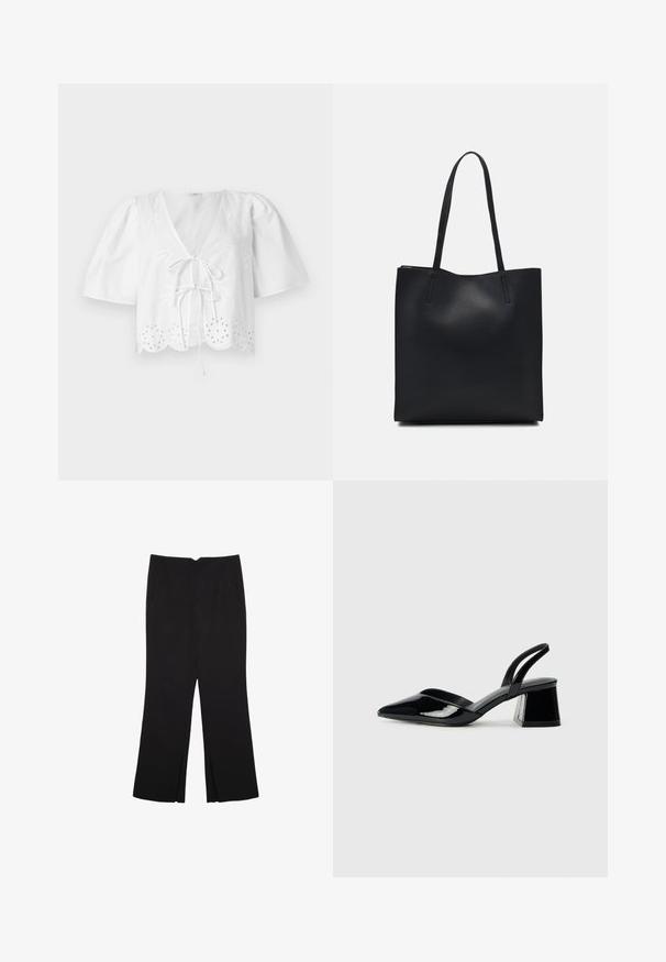 Bijela skraćena bluzica s napuhanih rukavima, V-izrezom, prednjim vezanjem i oštrim rubom sa čipkastim vezom duž ruba.; Crne hlače ravnog kroja, s prednjim džepovima i bočnim prorezima na rubu. Izrađene od mekog i glatkog materijala. Pogodne za razne prigode.; Crne lakirane kožne sandale s otvorenom petom i špicastim vrhom, s geometrijskom blok petom. Imaju elegantan, minimalistički dizajn i glatku teksturu.; Crna kožna torba za nošenje s glatkom teksturom, pravokutnim oblikom i dvije duge ručke. Nema vidljivih metalnih dijelova ili ukrasa.