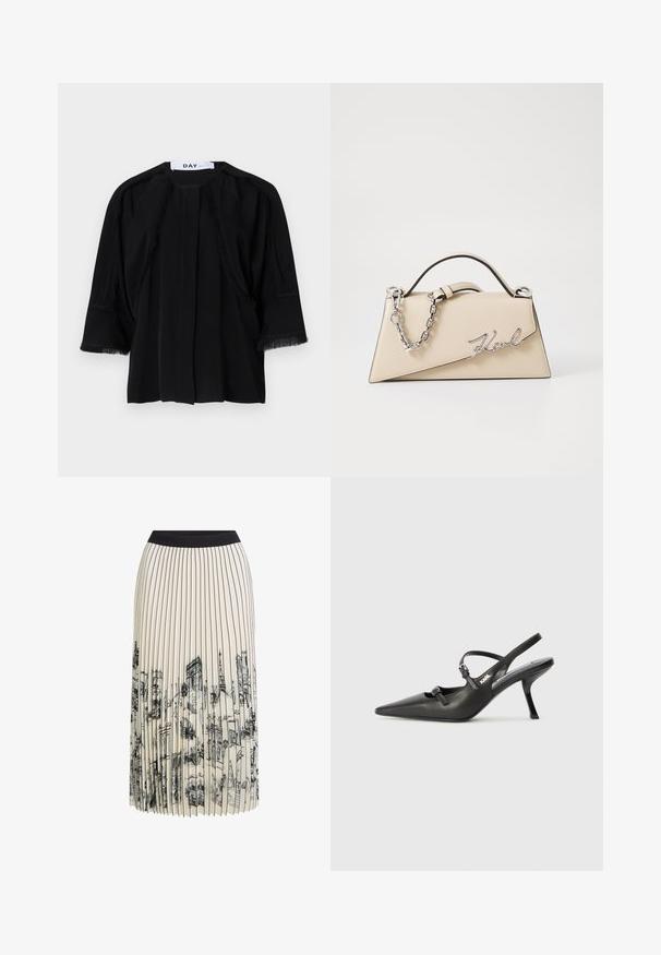 Černý top s krátkým rukávem a třásněmi podél ramen a manžet. Měkká tkanina, volný střih a sklady na přední straně. Značka: DAY.; Plisovaná sukně v krémové barvě s černým pasem, na kterém je podrobný tisk architektonických skic v černé barvě, zdůrazňující různé návrhy budov.; Černé kožené lodičky na boku s špičatou špičkou, štíhlým podpatkem a dekorativní přezkou na nártu. Hladká textura a elegantní design.; Béžová kožená kabelka se strukturovaným trojúhelníkovým tvarem, se stříbrným řetízkem a kovovým logem psaným kurzívou.