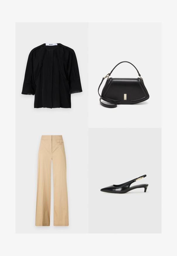 Černý top s krátkým rukávem a třásněmi podél ramen a manžet. Měkká tkanina, volný střih a sklady na přední straně. Značka: DAY.; Béžové kalhoty s širokými nohavicemi vyrobené z bavlněné směsi. Mají hladkou texturu, elastický pas a boční detail s knoflíkem.; Černé kožené boty na podpatku s otevřenou patou a špičatou špičkou, s tenkým podpatkem a zlatým akcentem na nastavitelném pásku. Hladký povrch.; Černá kožená kabelka se strukturovaným designem, jejíž tvar je zkrácený, má horní rukojeť a zlaté kovové detaily. Součástí je i nastavitelný ramenní popruh.