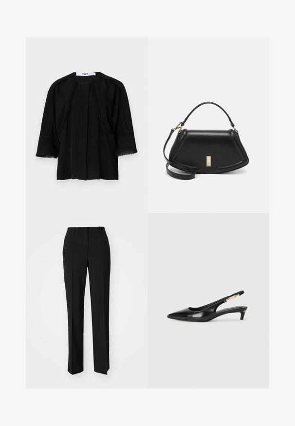 Top corto nero a maniche corte con dettagli in frange lungo le spalle e i polsini. Tessuto morbido, vestibilità rilassata e piega frontale. Etichetta del marchio: DAY.; Pantaloni neri su misura con un design a gamba dritta, caratterizzati da una texture liscia e pieghe ben definite sul davanti. Senza hardware visibile.; Tacchi slingback in pelle nera con punta affusolata, caratterizzati da un tacco alto e un accento dorato sulla cinghia regolabile. Texture liscia.; Borsa a mano in pelle nera con un design strutturato, caratterizzata da una forma corta, manico superiore e accessori in metallo dorato. Inclusa tracolla regolabile.