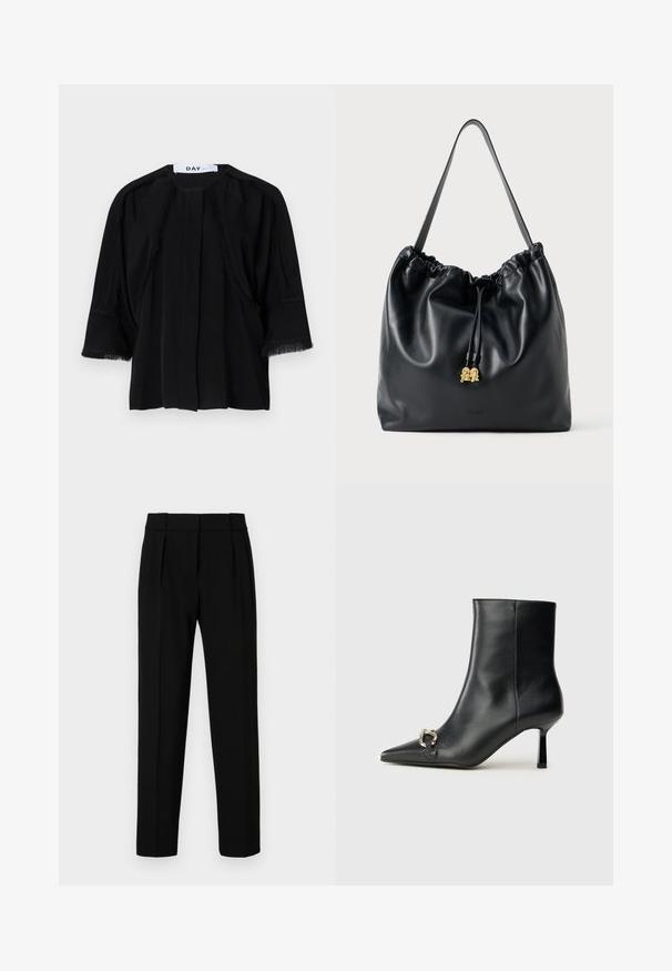 Schwarzes kurzärmliges Top mit Fransen an den Schultern und Ärmeln. Weicher Stoff, lässige Passform und Falten vorne. Markenlabel: DAY.; Schwarze, maßgeschneiderte Hose mit geradem Schnitt, gefaltetem vorderen Teil, glänzender Oberfläche und mittelhohem Bund. Keine sichtbaren Taschen oder Hardware-Details.; Schwarze Leder-Stiefelette mit spitzer Zehe, schlankem, mittelhohem Absatz und silberner Schnalle seitlich vor einem schlichten Hintergrund.; Schwarze Lederzugtasche mit glatter Oberfläche, gerafftem oberen Teil und dezenten goldenen Hardware. Sie verfügt über einen stabilen Schulterriemen und ein geprägtetes Logo.