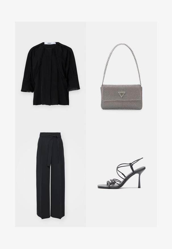 Schwarzes kurzärmliges Top mit Fransen an den Schultern und Ärmeln. Weicher Stoff, lässige Passform und Falten vorne. Markenlabel: DAY.; Schwarze weite Hosen aus weichem Stoff. Mit einem Gürteltäfelchen und vorderen Falten. Glatte Textur mit einem klaren, modernen Design.; Schwarze, hochhackige Sandalen mit dünnen Riemen und einem geknoteten Design, einer glatten, rechteckigen Zehenpartie und einem eleganten Stiletto-Absatz.; Hellegraue metallische Handtasche mit einer Kettenriemen, verziert mit kleinen kreisförmigen metallic Nieten und einem dreieckigen Markenlogo.; Silberne Creolen mit einer glatten, glänzenden Oberfläche, einer gebogenen Form und einer Steckverschluss. Minimalistisches Design mit modernem Finish.