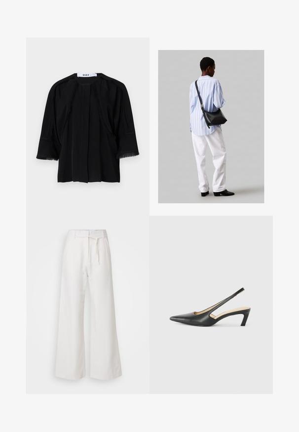 Svart kortermet topp med frynse detaljer langs skuldrene og ermer. Myk stoff, avslappet passform, og frontfold. Merkeetikett: DAY.; DAY Birger et Mikkelsen TERRI SOLID - Bukse - cloud cream; Svart spiss tå slingback-sko med lav hæl, laget av jevnt skinnmateriale og med utskåret design på siden for pusteevne.; Svart lær skulderveske med en myk tekstur, trekantet form og justerbar stropp, kombinert med en lyseblå stripete skjorte og hvite bukser.