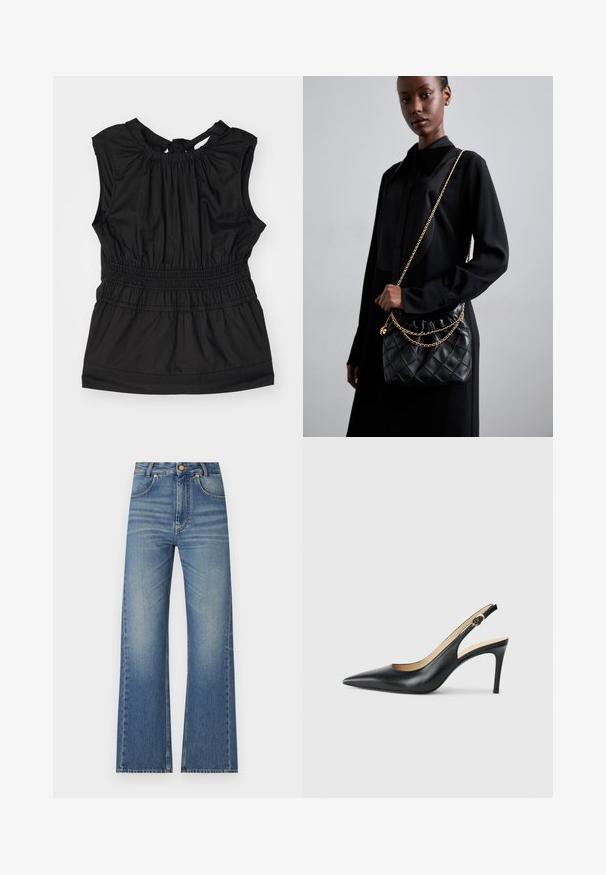 Juodas be rankovių topas su klostuotu apykakle, susirinkusia juosmeniu ir siaura užsegimu nugaroje. Pagamintas iš lygios medžiagos.; Šviesiai mėlynos džinsinės kelnės, su plačiais šonais, aukštu liemeniu, penkių kišenių dizainu ir subtiliu blukimu, suteikiančiu tekstūrinį išvaizdą.; Juodos odinės slingback aukštakulnės bateliai su smailiu nosiu, reguliuojama juosta ir elegantišku stiletto kulnu, pasižymintys lygia apdaila.; Juodas susegamas odinis rankinukas su susiraukšlėjusia viršuje, auksine grandine ir stačiakampiu pavidalu, laikomas prieš paprastą foną.