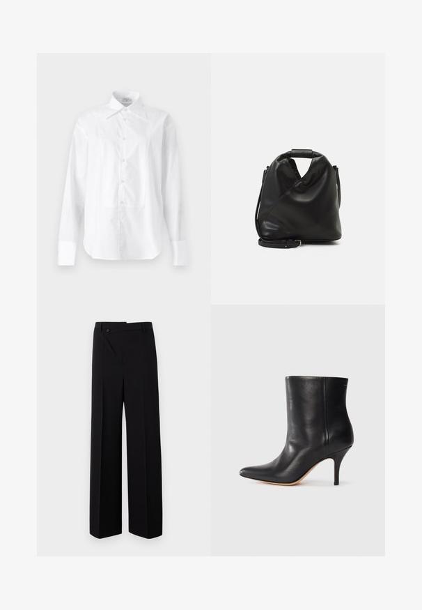 Filippa K TUXEDO - Užsagstoma palaidinė - white; Juodos plačios kojos kelnės su lygiu priekiu, mygtukų uždarymu ir lygiu audinio paviršiumi. Sukurtos su tiesiu kirpimu ir aštriomis linijomis.; Juodos odinės kulkšninių botų su smailiu nosiu, siauru stiletto kulnu ir lygia tekstūra. Minimalistinis dizainas, be matomų aparatūros ar akcentų.; Juodas, minkštas odinis krepšys su unikaliu išsuktiniu dizainu. Yra trumpas rankenas ir nuimamas peties diržas. Minimalistinis stilius.