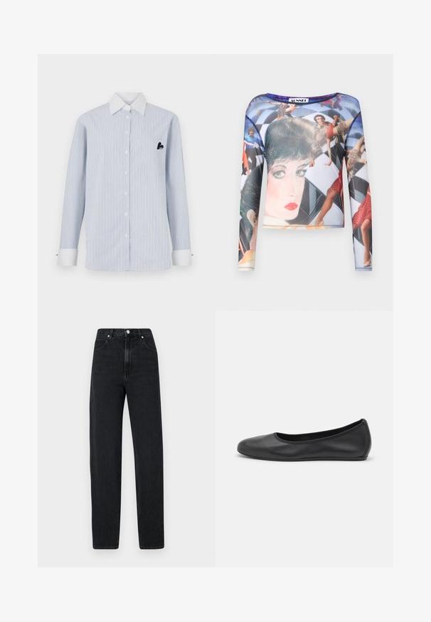 Chemise à manches longues rayée en bleu clair avec des rayures blanches. Elle possède un col blanc, des boutons sur le devant et une poche avec un détail de logo noir.; T-shirt à manches longues en maille, avec un imprimé graphique coloré de silhouettes sur un fond géométrique. Texture lisse avec un col rond.; Jean noir à jambe droite en denim. Présente une taille haute, une fermeture à bouton en métal, cinq poches et des détails de couture subtils.; Ballerines en cuir noir avec un bout rond, texture lisse, détails de couture minimalistes et design de semelle flexible.