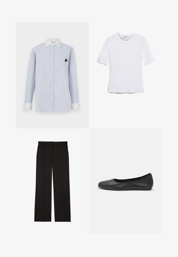 Világoskék csíkos, hosszú ujjú ing fehér csíkokkal. Fehér gallérral, elülső gombokkal és fekete logós részlettel ellátott zsebével rendelkezik.; Fehér, rövid ujjú póló ribbed anyagból. Kerek nyakkivágás, normál szabás és diszkrét varrási részletek. Nincsenek minták vagy grafikák.; Fekete, sima anyagból készült, szabott nadrág, egyenes vonalú szabással és két oldalsó zsebbel. Elegáns és minimalista kialakítás.; Fekete bőr balettcipő lekerekített orral, sima tekstúrával, minimális varrással és rugalmas talp kialakítással.