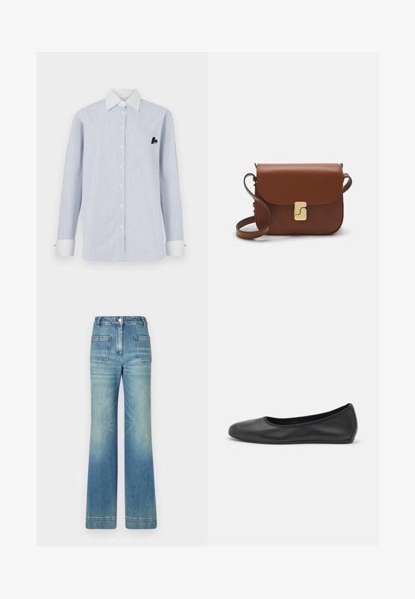 Stripet langærmet skjorte i lys blå med hvide striber. Har en hvid krave, frontknapper og en lomme med en sort logo detalje.; Hvid kortærmet t-shirt lavet af ribbet stof. Rund halsudskæring, almindelig pasform og subtile syninger. Ingen mønstre eller grafik.; Lyseblå denim flare jeans med fem lommer, bæltestropper, knaplukning og en let falmet overflade, med en rød logo-detalje på bagsiden.; Sort læderballetsko med rund tå, glat tekstur, minimal syning og et fleksibelt såldesign.; Brun læder håndtaske med flaplukning, hardware i gyldent tone, en skulderrem og en glat overflade. Kompakt rektangulær form.