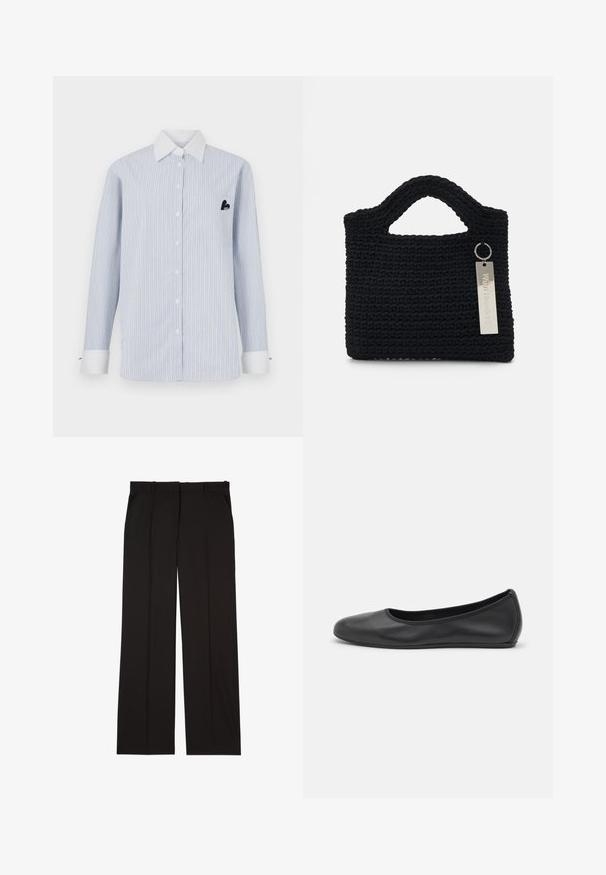 Camicia a maniche lunghe a righe di color azzurro chiaro con righe bianche. Presenta un colletto bianco, bottoni anteriori e una tasca con dettaglio logo nero.; Pantaloni neri su misura realizzati in un tessuto liscio, con un design a gamba dritta e due tasche laterali. Costruzione elegante e minimalista.; Pantofole da balletto nere in pelle con punta arrotondata, texture liscia, dettagli di cucitura minimi e design con suola flessibile.; Won Hundred MARSIELLE COMPUTER BAG UNISEX - Borsa porta PC - black