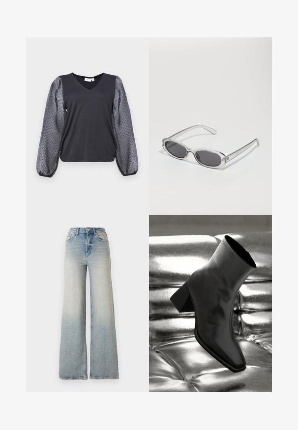 Fekete V-nyakú felső átlátszó, szürke pöttyös puffujjakkal, amely szoros testhez simuló fazonú. Az anyag sima, enyhe textúrával.; Világoskék, bő szárú farmernadrág, magas derékkal, öt zsebbel és látható varrással az illesztések mentén.; Fekete bokacsizma fényes anyagból, négyzetes orral és szűkített sarkú, egy csillogó ezüst kárpitozott háttér előtt.; Ovális formájú napszemüveg, átlátszó műanyag keret, sötétszürke lencsék és vékony, átlátszó szárak, logóakkcentussal és minimális díszítéssel.; Fekete bőrtáska sima felszínnel, téglalap alakú, két hosszú füllel. Nincs látható fémkiegészítő vagy díszítés.