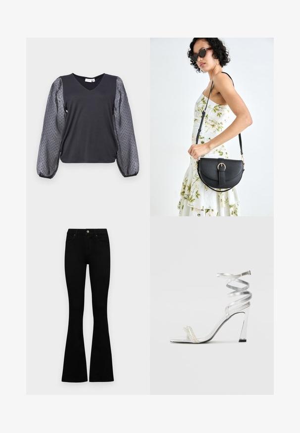 Svart topp med V-hals, som har gjennomsiktige, grå prikkete pufferm og en tettsittende kropp. Stoffet er glatt med lett tekstur.; Sorte høytlivsjeans med knapp og glidelås, frontlommer og utsvingte bein liggende flatt på en hvit bakgrunn.; Sølv høyhælte sandaler med et glitrende stroppdesign, som har en perle-lignende akcent og en spiralformet ankelstropp for sikker passform.; Svart lærveske med en buet form, avtagbar stropp og gullbeslag. Vesken har et klaff med spenne-detall.