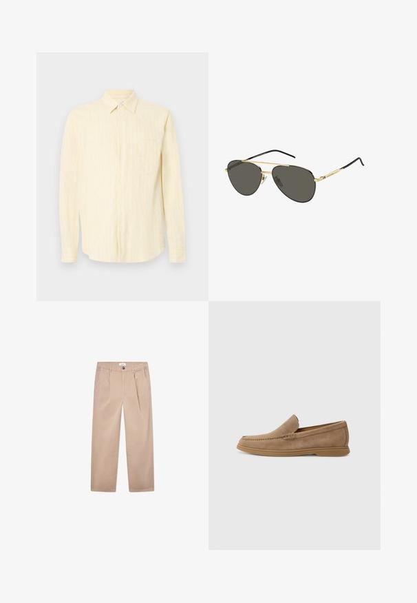 Vaaleankeltainen nappikauluspaita, jossa on pystysuoria valkoisia raitoja, kauluksellinen malli, pitkät hihat ja yksi rintatasku. Teksturoitu kangas.; Khaki-housut, jotka on valmistettu puuvillasta, suoralla lahkeella, kahdella etutaskulla, napituksella ja klassisella istuvuudella.; Ruskeat mokka-kankaiset loaferit, joissa on sileä pinta ja ommeltu yksityiskohta; varustettu kumipohjalla pitävän otteen takaamiseksi.; Kultaiset metalliset pilottisunglasses, joissa on tummanharmaat linssit, tyylikäs muotoilu, mustat tempurat ja huomaamaton brändäys kehyksessä.