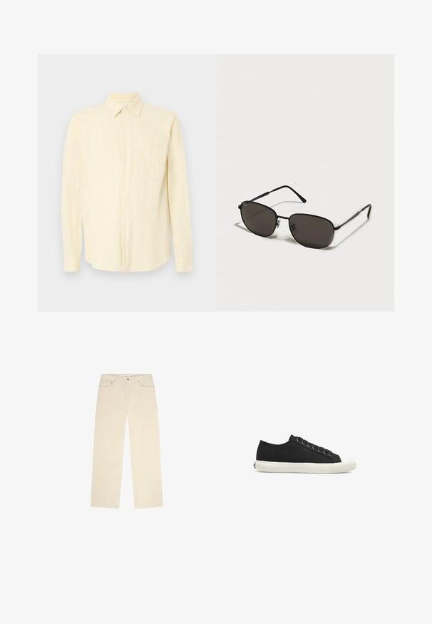 Lysegul skjorte med knapper og vertikale hvite striper, krage-design, lange ermer, og en enkelt brystlomme. Strukturert stoff.; Beige kordfløyelsbukser med rett ben-design, som har to frontlommer og en subtil ribbestruktur. Metallbeslag inkludert.; Les Deux TREVOR - Joggesko - black; Sorte metal solbriller med ovale rammer, mørke linser, slanke stenger og en subtil logo på venstre linse. Elegant, minimalistisk design.