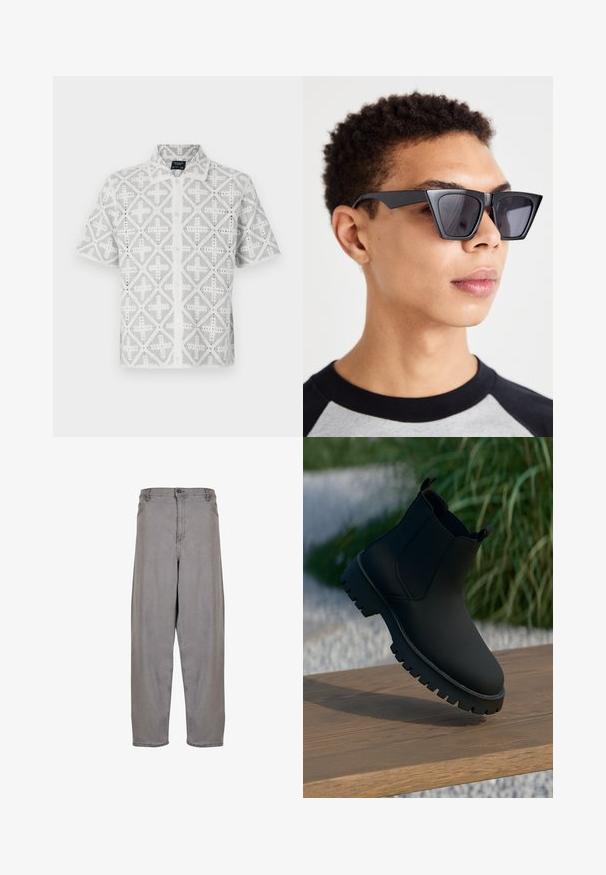 Trumpetuko marškiniai iš baltos medžiagos su pilkais geometriniais raštais, turintys įstrižą apykaklę ir mygtukų užsegimą, demonstruojantys atvirų darbų detales.; Pilka džinsinio audinio kelnės su aukštu juosmeniu, plačiomis kojomis, priekyje užtrauktuku ir knopke. Lygi tekstūra su minimalistišku dizainu.; Juodos kulkšninių botų, su lygia apdaila, elastingomis šoninėmis juostomis ir stora, tvirta padu. Sufokusuoti gamtos fone ant medinės dangos.; Juodos kampinės saulės akinių su tamsiais objektyvais, pasižyminčių drąsiu geometriniu dizainu ir matinio paviršiaus apdaila. Juos nešioja žmogus su trumpais plaukais.