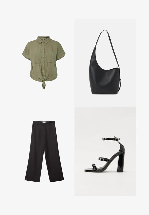 Olivově zelená košile na knoflíky s krátkými rukávy, límcem, dvěma předními kapsami a uzlem na spodním lemu v pase. Vyrobena z lehkého materiálu.; Černé široké kalhoty vyrobené z hladké tkaniny, s předním zipem a dvěma bočními kapsami, s dobře padnoucím střihem a minimalistickým designem.; Černé lakované sandály na podpatku se čtveratou špičkou, lýtkovými pásky a stříbrnými přezkami. Disponují masivním blokovým podpatkem pro stabilitu.; Černá kožená hobo taška s hladkým povrchem, zakřiveným tvarem a jedním nastavitelným popruhem; má široké otevírání nahoře.