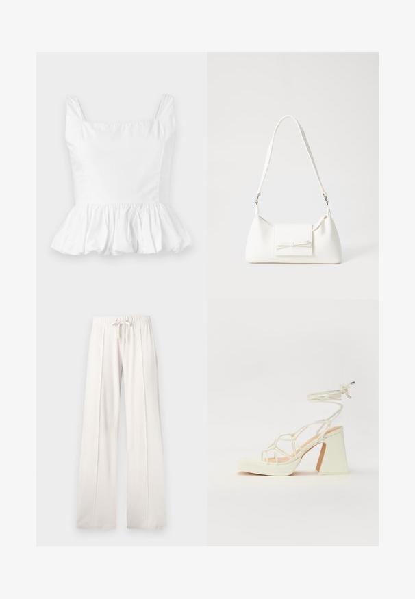Weißes Peplum-Top mit quadratischem Ausschnitt und dünnen Trägern. Aus glattem, leichtem Stoff gefertigt, mit gerafftem Rüschendetail am Saum.; Hellbeige Sweatpants aus weichem Stoff, mit einem Kordelzugbund, weitem Bein und vertikalen Nähten, mit einer glatten Textur.; Weiße High-Heel-Sandale mit einem klobigen Absatz, die über ein Riemchendesign und ein Knöchelband verfügt. Glatte Textur mit einer Plattform vorne für zusätzliche Höhe.; Weiße synthetische Handtasche in dreieckiger Form, flache Vorderklappe und Schleifendetail, verstellbarer Trageriemen, glatte Textur und minimalistisches Design.