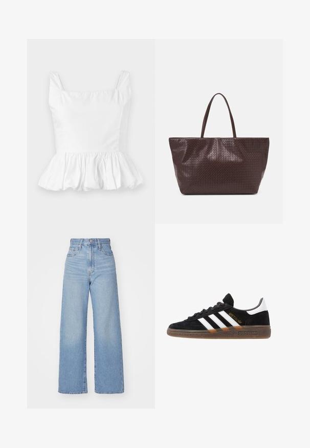 Top alb cu peplum, cu decolteu pătrat și bretele subțiri. Fabricat dintr-un material neted și ușor, cu detalii de volane pliate la margine.; Jeans cu talie înaltă, de culoare albastru deschis, cu croială largă, dotate cu nasture și fermoar la față, buzunare în față și spate, pe un fundal alb.; Sneaker Adidas negre cu dungi albe, text aurit "Spezial", talpă din cauciuc și tab de călcare alb, prezentat din vedere laterală.; Geantă din piele împletită maro, cu două mânere, formă structurată și suprafață texturată, având un model în diamant pe toată suprafața.