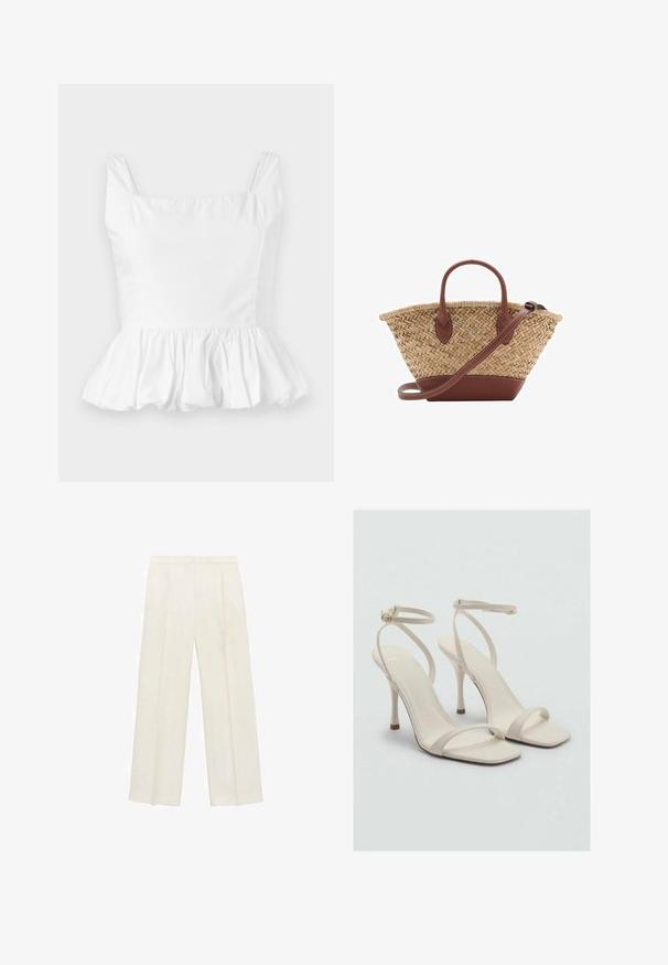 Top bianco a peplo con scollatura quadrata e spalline sottili. Realizzato in tessuto morbido e leggero con dettagli di arricciatura e volant sull'orlo.; Pantaloni a gamba larga di un leggero colore crema. Realizzati in un tessuto morbido con pieghe sul davanti e tasche laterali.; Sandali beige con tacco alto, punta quadrata e sottili cinghie alla caviglia. Materiale liscio con un design minimalista, caratterizzati da un tacco esile.; Borsa a tracolla in paglia intrecciata con dettagli in pelle marrone, due manici e una tracolla removibile. Forma curva con una base solida.