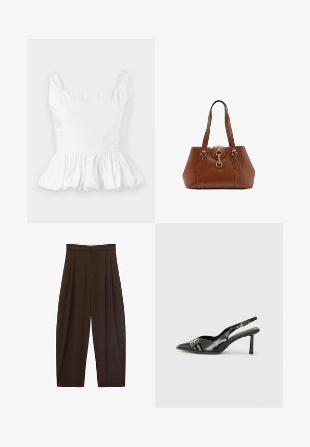 Top bianco a peplo con scollatura quadrata e spalline sottili. Realizzato in tessuto morbido e leggero con dettagli di arricciatura e volant sull'orlo.; Pantaloni marroni a vita alta con pieghe, realizzati in tessuto morbido. Vestibilità ampia, design a gamba dritta, dotati di passanti per cintura e chiusura con zip.; Scarpa slingback in vernice nera con punta affusolata, cinturini alla caviglia con fibbie in argento e accessori, e tacco sottile.; Borsa a tracolla in pelle marrone con doppie cinghie, forma arrotondata, accessori in oro e un dettaglio con fibbia centrale. Texture liscia con rifiniture cucite.