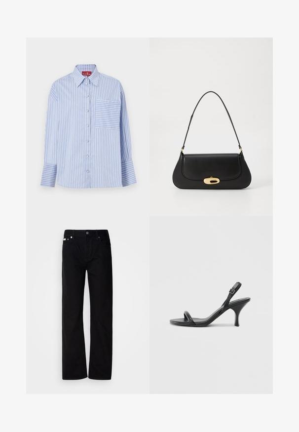 Blue and white striped shirt with a collar, long sleeves, front buttons, and a left chest pocket featuring matching stripes.; Black denim straight-leg pants with five pockets, silver rivets, and a button fly. The fabric has a smooth, slightly textured finish.; Black leather high-heeled sandals with a slim, curved heel and a crossed strap design. Adjustable ankle strap. Smooth texture.; Black leather handbag with a curved design, gold-tone hardware, and a top handle. Features a sleek closure and smooth texture.