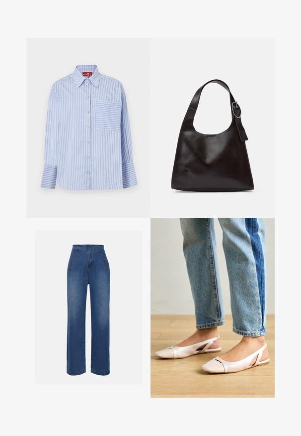 Mėlyna ir balta juostuota marškinė su apykakle, ilgomis rankovėmis, priekyje esančiais mygtukais ir kairėje krūtinės pusėje esančia kišene, turinčia atitinkamas juostas.; Aukštos liemens džinsai, vidutinio mėlynumo. Yra priekiniai mygtukų akcentai ir plati kojų forma. Audinys turi lygią tekstūrą su lengvu apdailos nusidėvėjimu.; Šviesiai rožiniai slingback baleto bateliai su smailiu pirštu, pagaminti iš lygios odai panašios medžiagos. Yra išpjovimų detalės šonuose ir plokščias kulnas.; Ruda odinė petinė kuprinė su lygiu paviršiumi, apvalia forma, plačia juosta ir apvaliu metaliniu akcentu ant rankenos.