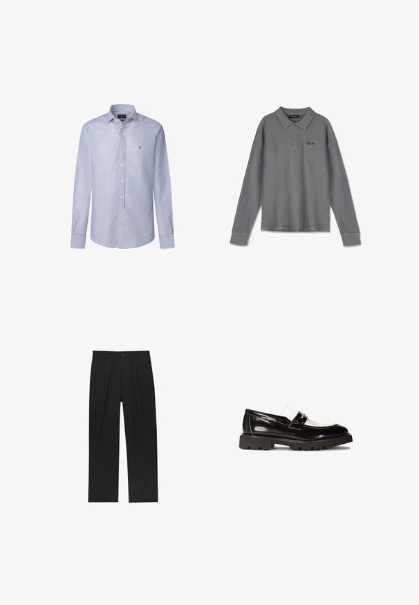 Pruhovaná košile s dlouhým rukávem ve světle modré a bílé barvě z bavlny, s límečkem na knoflíky a malým vyšitým logem na hrudi.; Pánská polo košile s dlouhým rukávem z pruhované šedé látky. Obsahuje límec, zapínání na tři knoflíky a nenápadné černé logo na hrudi.; Černé kalhoty s rovnými nohavicemi, vyrobené z hladké tkaniny. Mají přední záhyby a jedno knoflíkové zapínání v pase.; Černé lakované kožené mokasíny s bílým koženým akcentem, silnou černou gumovou podrážkou a vyšitými detaily. Hladký povrch s lesklým finišem.