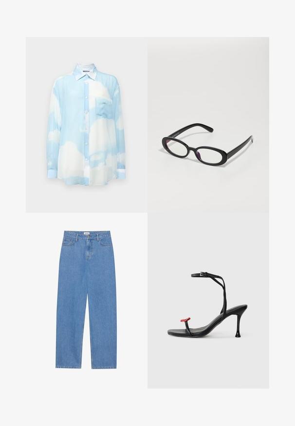 Camisa azul-clara, leve, de manga longa com padrão de nuvens. Possui botões na parte da frente, colarinho e um bolso do lado esquerdo do peito. Textura suave.; Jeans de denim azul claro com corte reto, design de cinco bolsos, fecho com um único botão e detalhes de costura subtil nas costuras.; Sandal de salto alto preto com tira fina no tornozelo e um destaque vermelho na ponta. Apresenta um design elegante e um acabamento brilhante com salto agulha.; Óculos ovais pretos com lentes transparentes, apresentando um acabamento suave e hastes largas. As lentes têm um leve tom púrpura. Logótipo na laterais.; Colar de corrente dourada com pendente em forma de letras a soletrar "MOSCATO." Textura suave com fecho tipo lagosta e elos de tamanhos variados.