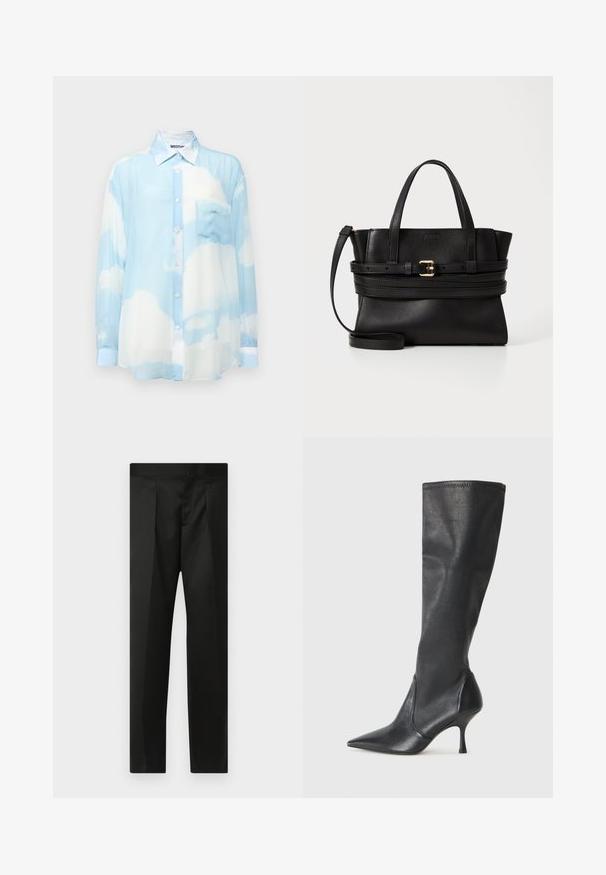 Gaiši zila, caurspīdīga krekliņa ar garām piedurknēm un mākoņu motīvu. Iedomājama pogu aizdare, apkakle un kreisā krūšu kabata. Mīksta tekstūra.; Melnas bikses ar gludu audumu, pielāgotu dizainu, taisnām kājām un platu jostu bez redzamām aizdaram vai kabatām.; Ceļa auguma melni ādas zābaki ar smailu purngalu un šauru stiletto papēdi. Gluda tekstūra ar pieguļošu dizainu un izšuvumiem augšējā malā.; Melna ādas rokassoma ar strukturētu dizainu, divām augšējām rokturiem, noņemamu siksnu un zelta sprādzi, kas akcentē horizontālo joslu.