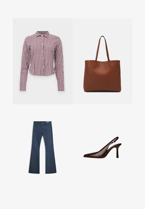 Langärmliges Hemd mit Knopfleiste im rosa-lila karierten Muster. Mit Kragen, abgerundetem Saum und weicher Stofftextur.; Dunkelblaue, ausgestellte Jeans aus Denim mit genähten Taschen, einem Knopfverschluss und einer glatten Textur. Mit einem klassischen Fünf-Taschen-Design.; Braune Leder-Slingback-Pumps mit spitzer Zehenform und dünnem Absatz. Sie verfügen über eine kleine Akzent-Schnalle am Riemen und eine glänzende Oberfläche.; Braune Leder-Tote mit glatter Textur, offenem Oberteil und zwei Schulterriemen. Verfügt über minimale Nähte und keine sichtbaren Beschläge.