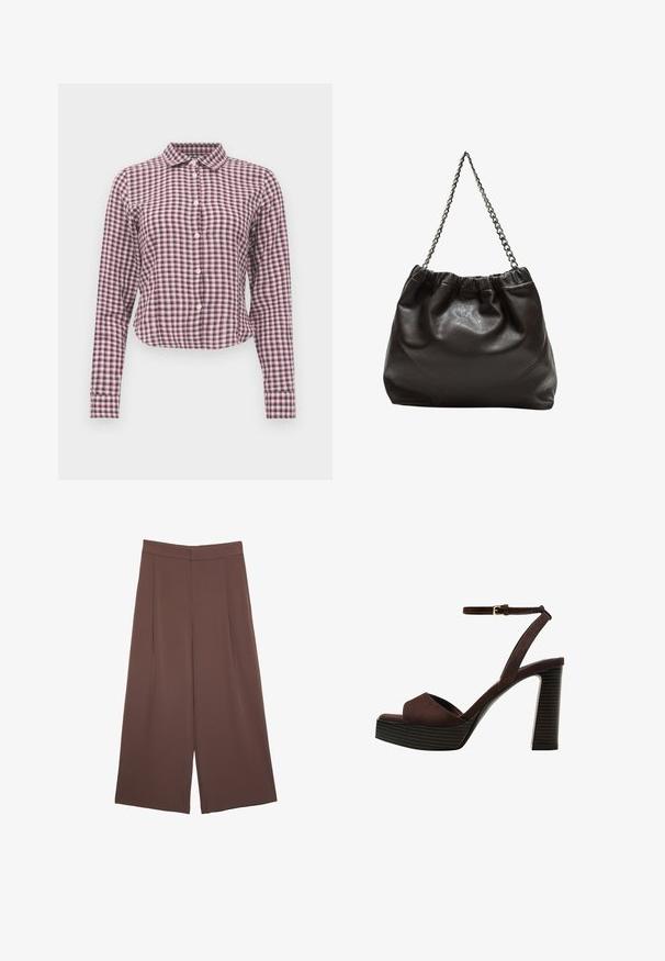 Pitkähihaisessa napilla varustetussa paidassa on vaaleanpunainen ja violetti ruudullinen kuvio. Siinä on kaulus, kaareva helma ja pehmeä kankaan rakenne.; Ruskeat leveälahkeiset housut, joissa on sileä pinta, korkea vyötärö ja etupleat. Kangas on kevyttä ja laskeutuu väljänä.; Ruske kožne sandale s visokom potpeticom, otvorenim prstima, podesivim kopčanjem oko gležnja i prugastim platformskim đonom.; Ruskea nahkainen laukku, jossa on kerätty yläosa ja ketjuhihna. Tasainen pinta, jossa kiiltävä viimeistely ja hienovaraiset sauman yksityiskohdat sivuilla.