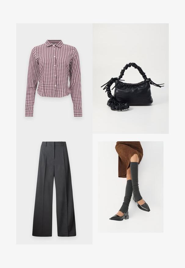 Long-sleeve button-up shirt in pink and purple checkered pattern. Features a collar, curved hem, and soft fabric texture.; Wide-leg trousers in dark gray fabric, featuring a high waist, single pleats, and a smooth texture with a clean finish at the hems.; Black patent leather pointed-toe shoes with a block heel and ankle strap, paired with gray ribbed leg warmers and a brown suede skirt.; Black faux leather handbag with a crocodile texture, cinched top, and a scrunched strap. Appears soft and compact in design.