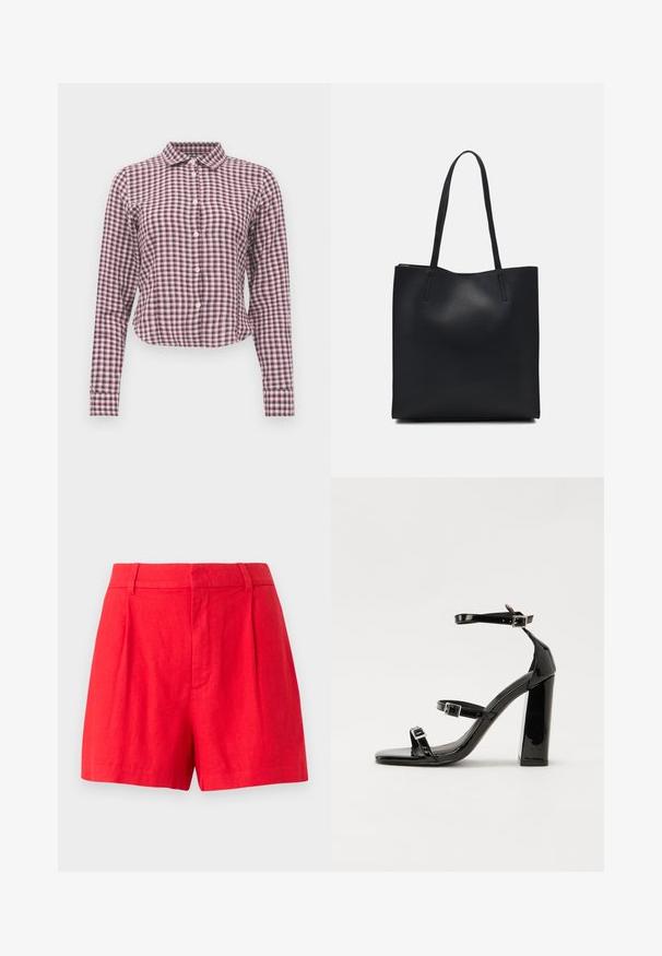 Long-sleeve button-up shirt in pink and purple checkered pattern. Features a collar, curved hem, and soft fabric texture.; Red linen shorts with a tailored design, featuring pleats, a smooth texture, and a mid-rise waistband.; Black patent heeled sandals with a square toe, ankle straps, and silver buckles. Features a chunky block heel for stability.; Black leather tote bag with smooth texture, rectangular shape, and two long handles. No visible hardware or embellishments.