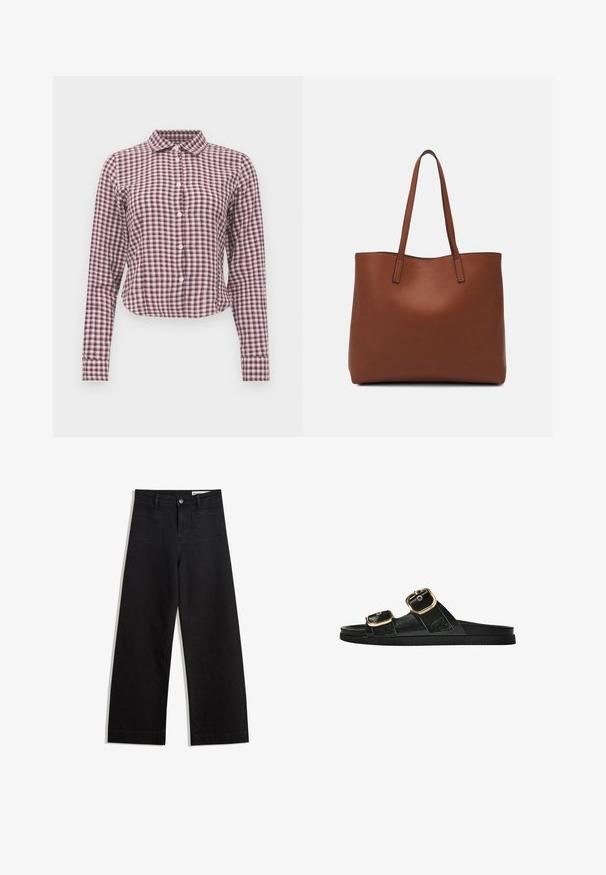 Cămașă cu mânecă lungă, cu nasturi, în nuanțe de roz și mov, cu un model în carouri. Include un guler, un tiv curbat și o textură moale a materialului.; Pantaloni din denim negri cu picioare largi, cu talie înaltă, având buzunare frontale și posterioare, cusături dublate și închidere cu nasture. Textură netedă.; Sandalie negre cu toc plat, cu două accente de cataramă aurie, din material texturat neted și design minimalist.; Geantă de umăr din piele maro cu o textură netedă, design cu vârf deschis și două curele pentru umăr. Prezintă cusături minime și fără componente metalice vizibile.