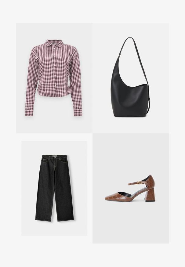 Langærmet skjorte med knaplukning i rosa og lilla ternet mønster. Har krave, buet kant og blød stofstruktur.; Sorte denim bukser med bred ben, der har fem lommer, metalknap og lynlås lukning samt kontrasterende gul syning langs sømmene.; Brune patenteret læderpumps med firkantet tå, struktureret krokodillemønster, ankelrem med guldbuckle og en chunky hæl.; Sort læder hobo taske med en glat overflade, buet form og en enkelt justerbar rem; har en bred åbning øverst.